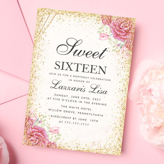 Invitation Sweet sixteen moderne Surprise anniversaire floral (Créateur téléchargé)