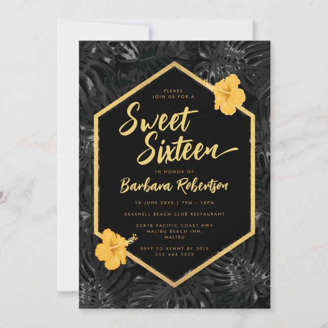 Invitation Sweet sixteen moderne Tropical Floral Black Gold (Devant)