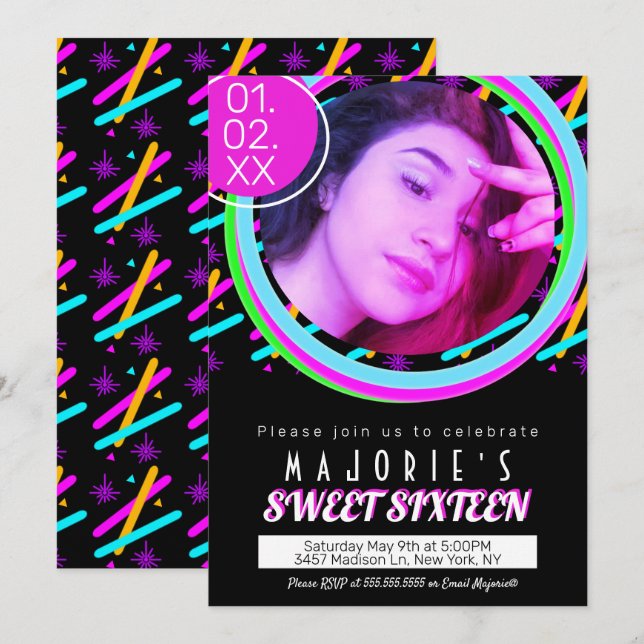 Invitation Sweet sixteen Neon Club Style Laser Glow (Devant / Derrière)