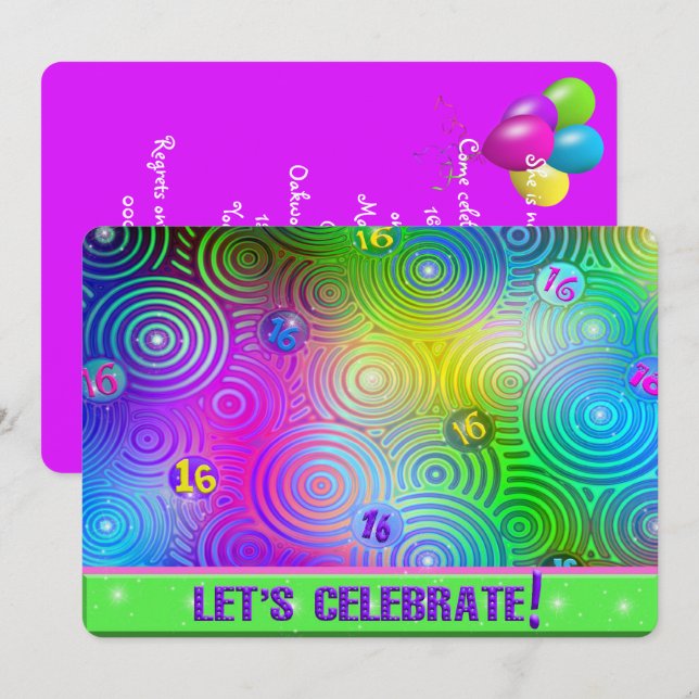 Invitation Sweet sixteen Neon fête d'anniversaire (Devant / Derrière)