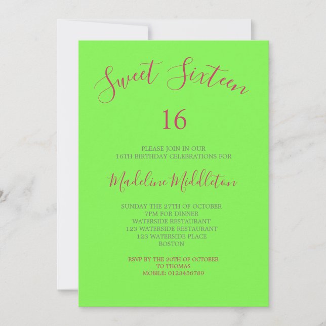 Invitation Sweet sixteen Neon Green Photo Anniversaire (Devant)