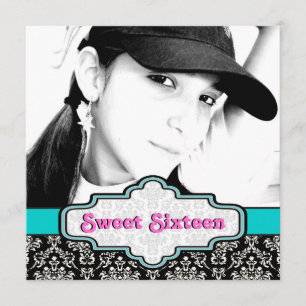 Invitation Sweet sixteen noir blanc bleu damassé