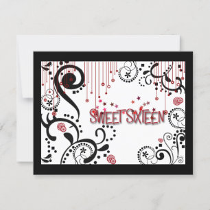 Invitation sweet sixteen noir, blanc et rouge