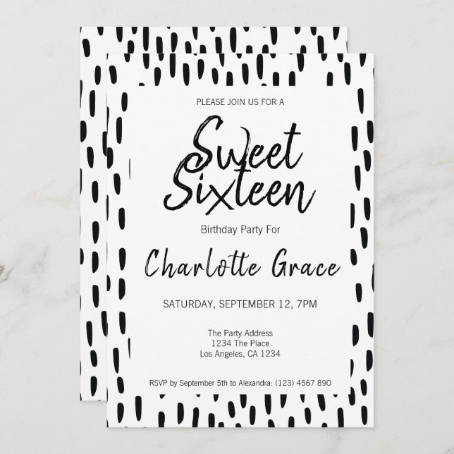 Invitation Sweet sixteen Noir Et Blanc Anniversaire (Devant / Derrière)
