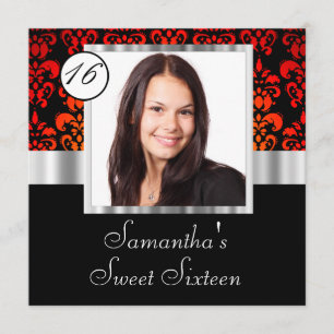 Invitation Sweet sixteen noir et rouge de damassé