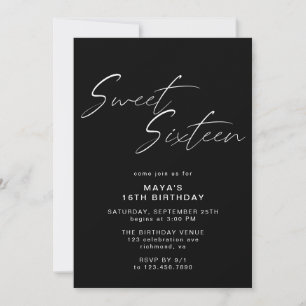 Invitation Sweet sixteen noir moderne Elégant 16ème anniversa