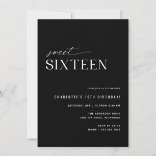 Invitation Sweet sixteen noir moderne   Sleek 16e anniversair
