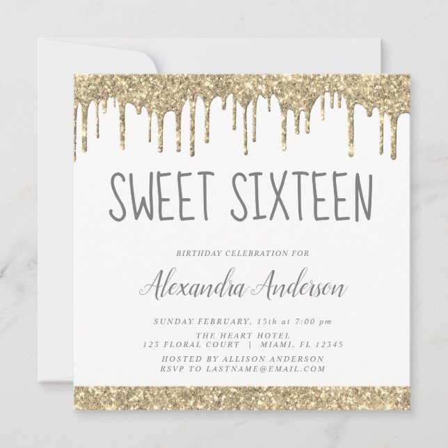 Invitation Sweet sixteen or et Parties scintillant blanche (Devant)