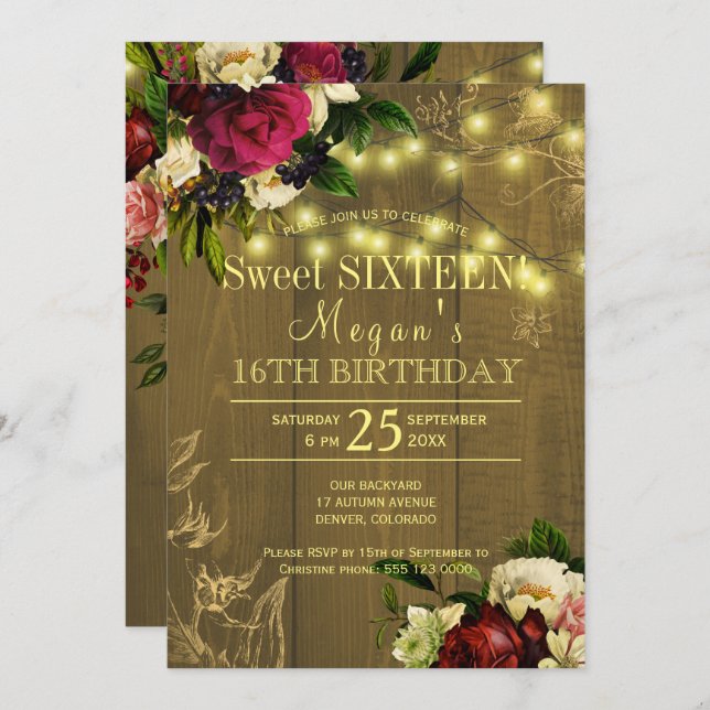 Invitation Sweet sixteen or lumières bois floral automne auto (Devant / Derrière)