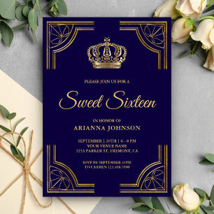 Invitation Sweet sixteen orné d'or bleu vintage