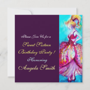 Invitation SWEET SIXTEEN PARTY bleu rose turquase violet