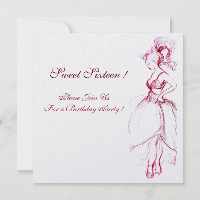 Invitation SWEET SIXTEEN PARTY, glace blanche rose rouge (Devant)