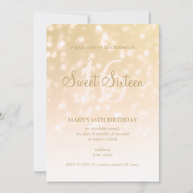 Invitation Sweet sixteen Party Gold Bokeh (Devant)