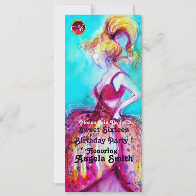 Invitation SWEET SIXTEEN PARTY MONOGRAM rouge rubis bleu noir (Devant)