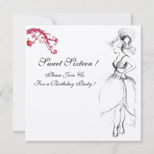 Invitation SWEET SIXTEEN PARTY, rouge noir et blanc champagne