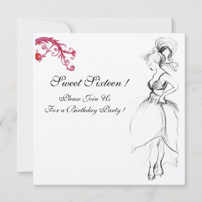 Invitation SWEET SIXTEEN PARTY, rouge noir et blanc champagne (Devant)