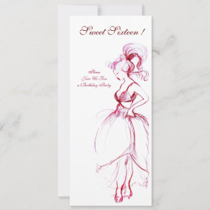 Invitation SWEET SIXTEEN PARTY, rouge rose blanc