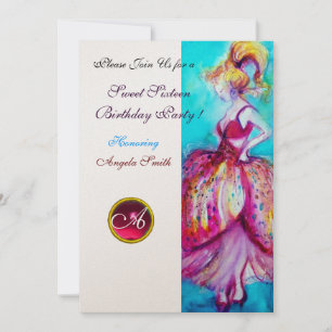 Invitation SWEET SIXTEEN PARTY, Rouge rose rubis Monogramme o