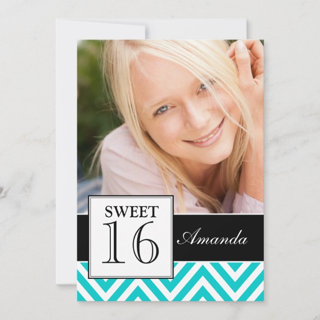 INVITATION SWEET SIXTEEN PARTY TURQUOISE CHEVRON (Devant)