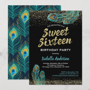Invitation Sweet sixteen Peacock 16 anniversaire turquoise or