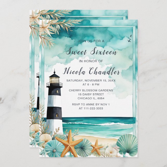 Invitation Sweet sixteen phare Nautique Anniversaire (Devant / Derrière)