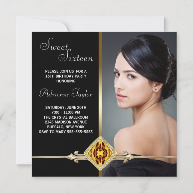 Invitation Sweet sixteen photo Black Gold Leopard (Devant)