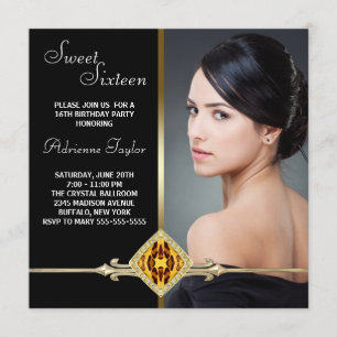 Invitation Sweet sixteen photo Black Gold Leopard
