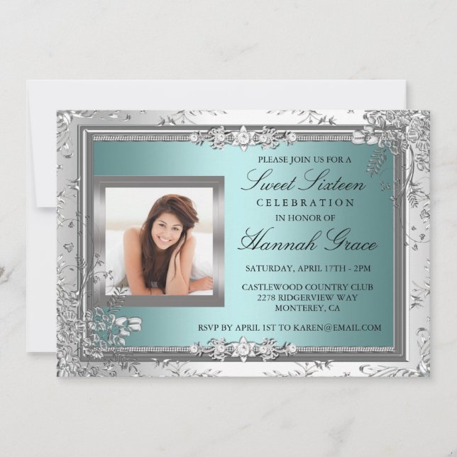 Invitation Sweet sixteen photo floral bleu et argent Invitati (Devant)
