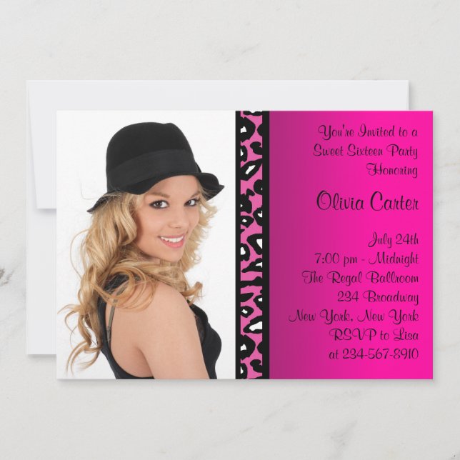 Invitation Sweet sixteen photo léopard rose fête d'anniversai (Devant)