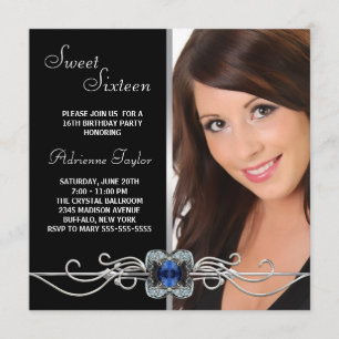 Invitation Sweet sixteen photo noir Diamond Silver