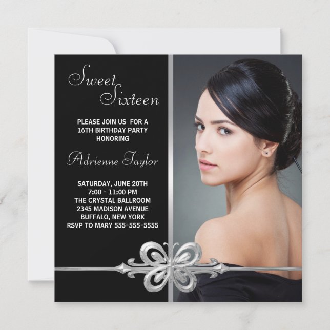 Invitation Sweet sixteen photo papillon d'argent Anniversaire (Devant)