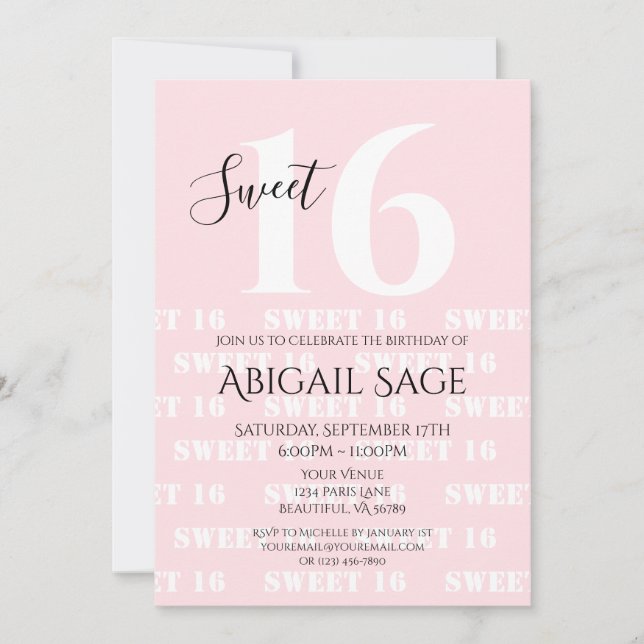 Invitation Sweet sixteen photo personnalisé en rose gras, bla (Devant)