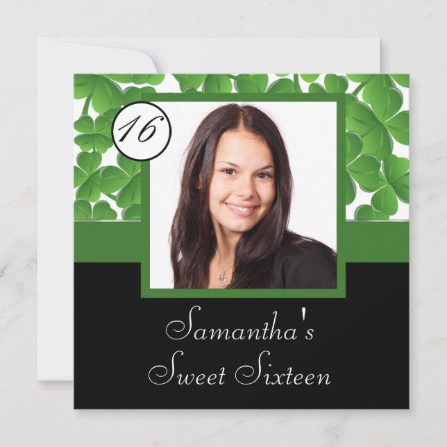 Invitation sweet sixteen photo shamrock vert (Devant)