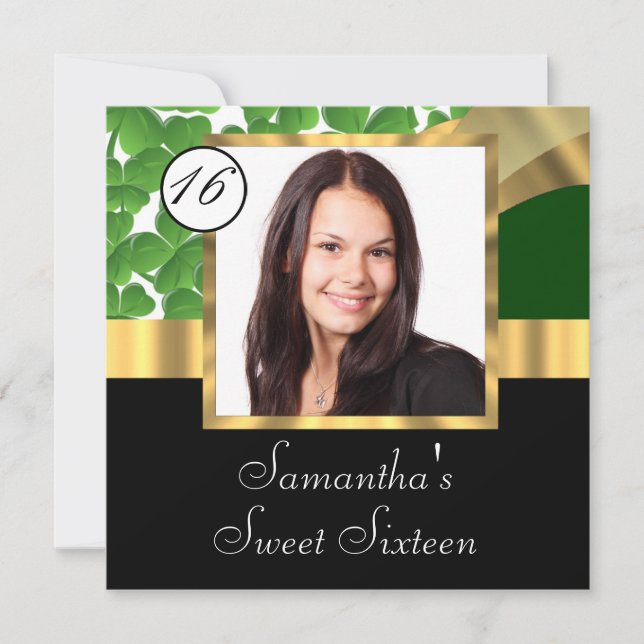 Invitation sweet sixteen photo vert et or (Devant)