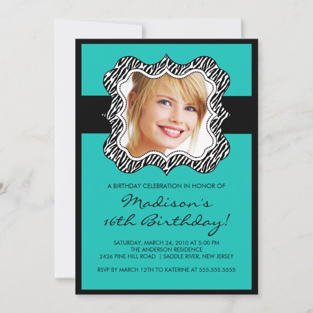 Invitation Sweet sixteen photo Zebra Frame - Anniversaire (Devant)