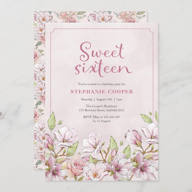 Invitation Sweet sixteen Pink Floral (Devant / Derrière)