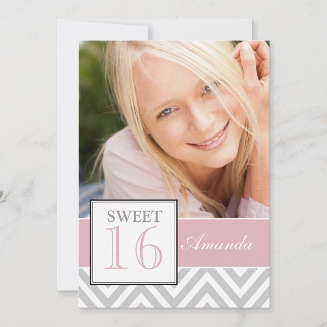 INVITATION SWEET SIXTEEN PINK GRAY CHEVRON MOTIF (Devant)