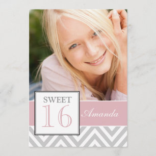INVITATION SWEET SIXTEEN PINK GRAY CHEVRON MOTIF