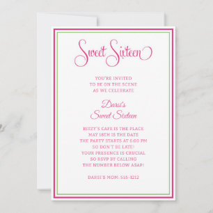 Invitation Sweet sixteen Preppy Pink et Green Party
