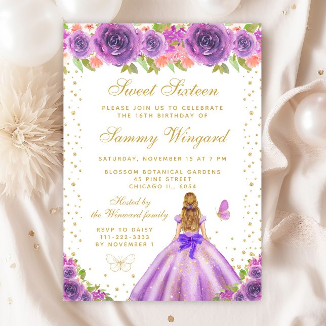 Invitation Sweet sixteen Princess Floral Blonde (Créateur téléchargé)