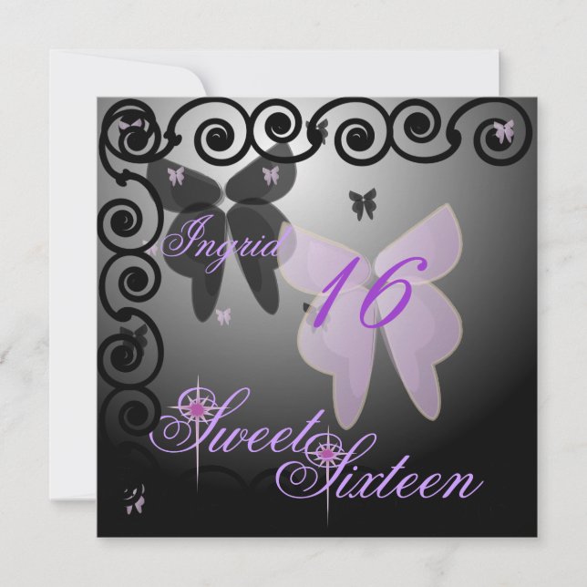 Invitation Sweet sixteen Purpl/BlackInvit. de papillon de (Devant)