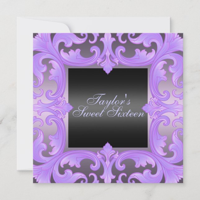 Invitation Sweet sixteen Purple Damask Design Anniversaire In (Devant)