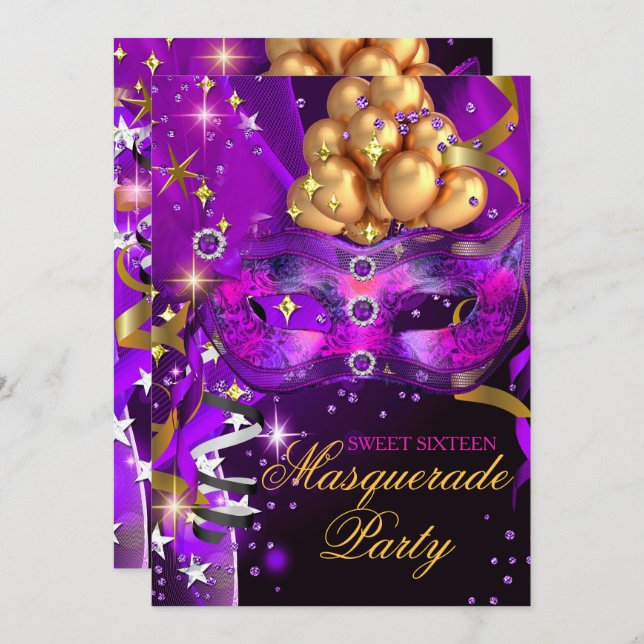 Invitation Sweet sixteen Purple Gold Black Masquerade Party (Devant / Derrière)