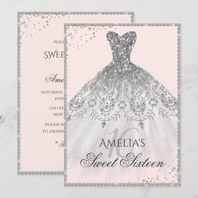 Invitation Sweet Sixteen Robe d'argent Sparkle 16è (Devant / Derrière)