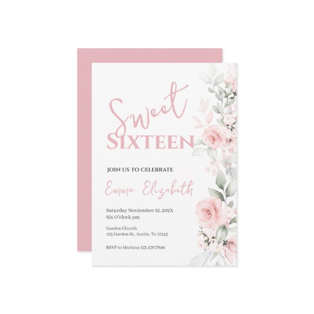 Invitation Sweet sixteen rose (Devant/Arrière en situation)