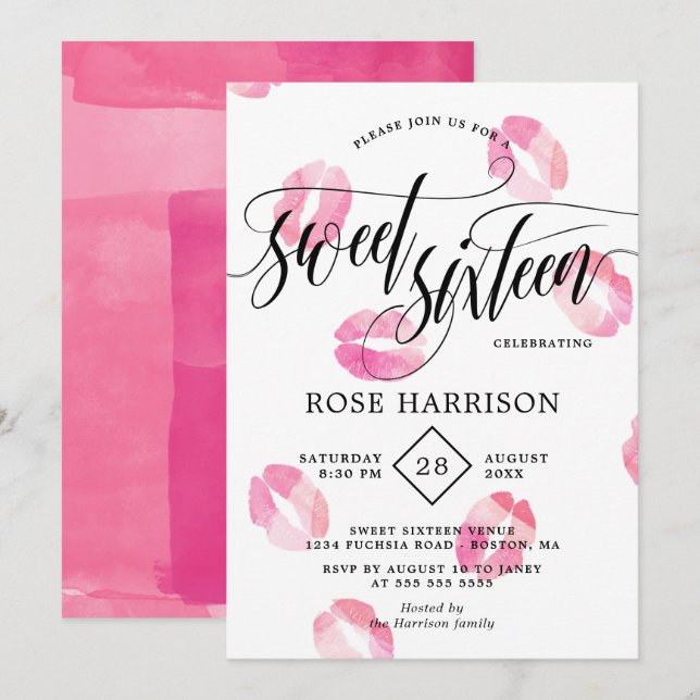 Invitation Sweet sixteen rose Aquarelle Baisers (Devant / Derrière)