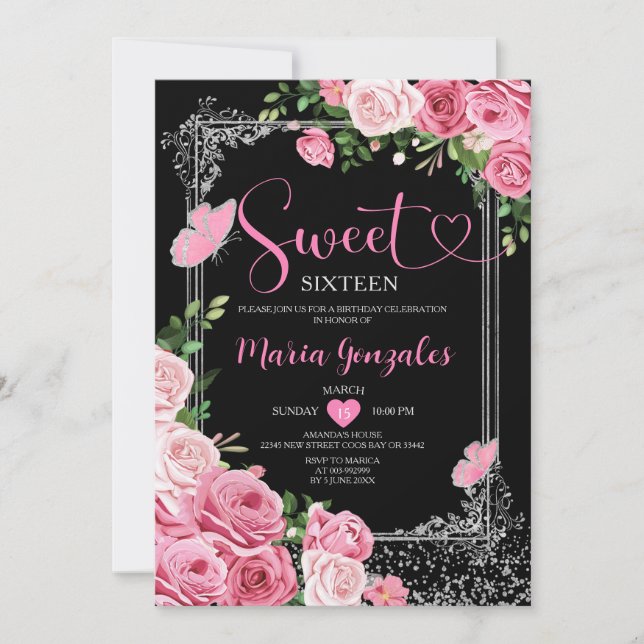 Invitation Sweet sixteen rose argent 16e fête d'anniversaire  (Devant)
