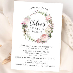Invitation Sweet sixteen rose blanc fleuri