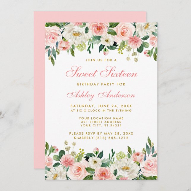 Invitation Sweet sixteen Rose Blush Or Floral (Devant / Derrière)