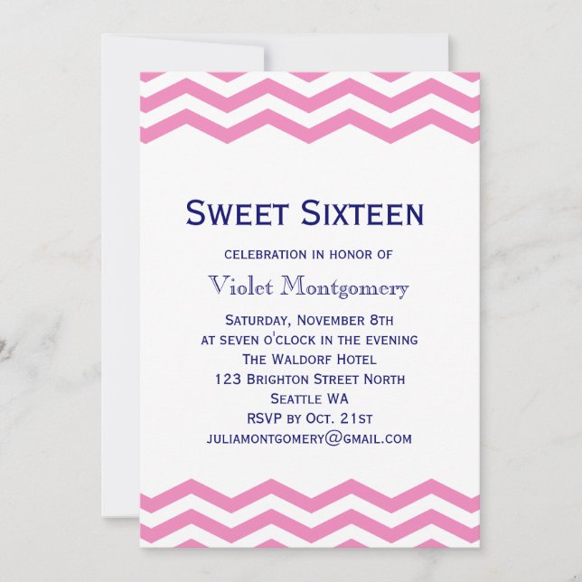 Invitation Sweet sixteen rose Chevron (Devant)